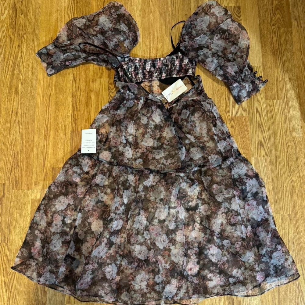 For Love & Lemons Floral Chiffon Dress with Puff Sleeves - Picture 5 of 6